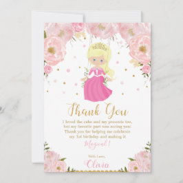 Tarjeta De Agradecimiento Princesa Dorada Primer cumpleaños Floral Rosa
