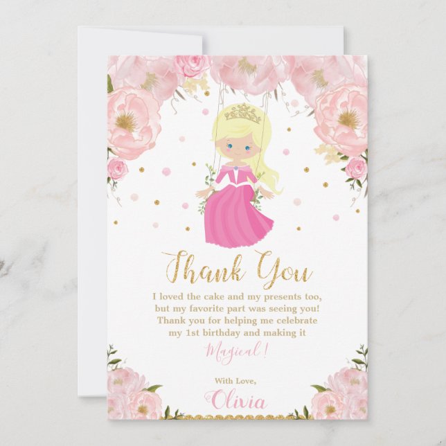 Tarjeta De Agradecimiento Princesa Dorada Primer cumpleaños Floral Rosa (Anverso)