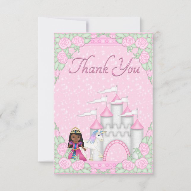 Tarjeta De Agradecimiento Princesa étnica, Unicornio y Castillo Gracias (Anverso)