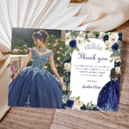 Tarjeta De Agradecimiento Princesa Floral Azul Quinceanera Foto de cumpleaño