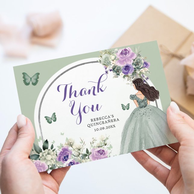 Tarjeta De Agradecimiento Princesa Floral Boho Sage Lilac Quinceañera (Subido por el creador)