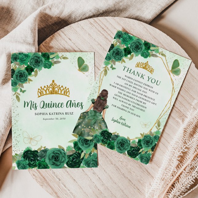 Tarjeta De Agradecimiento Princesa floral de oro verde esmeralda Quinceañera (Subido por el creador)
