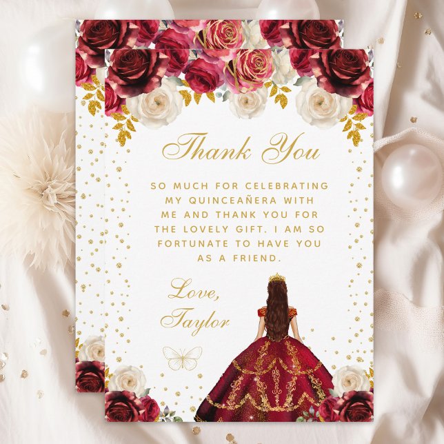 Tarjeta De Agradecimiento Princesa Floral Roja Quinceañera (Subido por el creador)