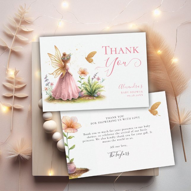 Tarjeta De Agradecimiento Princesa Hada Encantada Jardín Bebé Ducha (fairy princess baby girl shower thank you card pink elegant adorable watercolor enchanted garden)