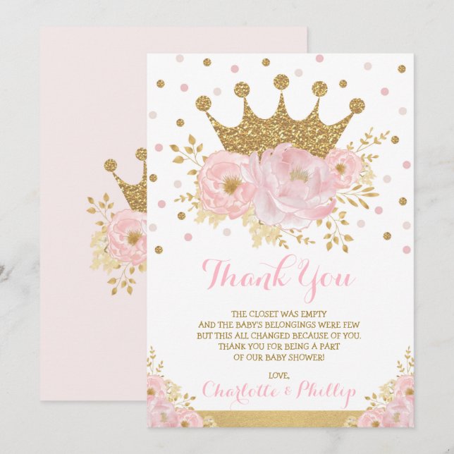 Tarjeta De Agradecimiento Princesa Heredera Baby Shower Royal Rubor Gold Flo (Anverso / Reverso)
