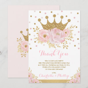 Tarjeta De Agradecimiento Princesa Heredera Baby Shower Royal Rubor Gold Flo