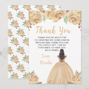 Tarjeta De Agradecimiento Princesa Melena Castaña Floral Quinceañera