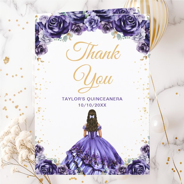 Tarjeta De Agradecimiento Princesa Morada Oscura Floral Quinceañera (Subido por el creador)