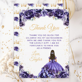 Tarjeta De Agradecimiento Princesa Morada Oscura Floral Quinceañera