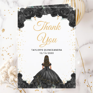 Tarjeta De Agradecimiento Princesa Negra Quinceañera Floral