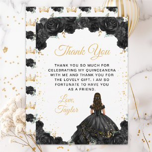 Tarjeta De Agradecimiento Princesa Negra Quinceañera Floral