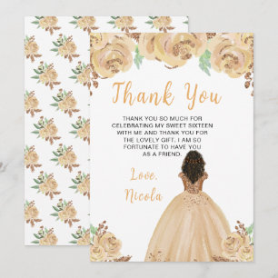 Tarjeta De Agradecimiento Princesa Peach de piel oscura Floral Sweet Sixteen