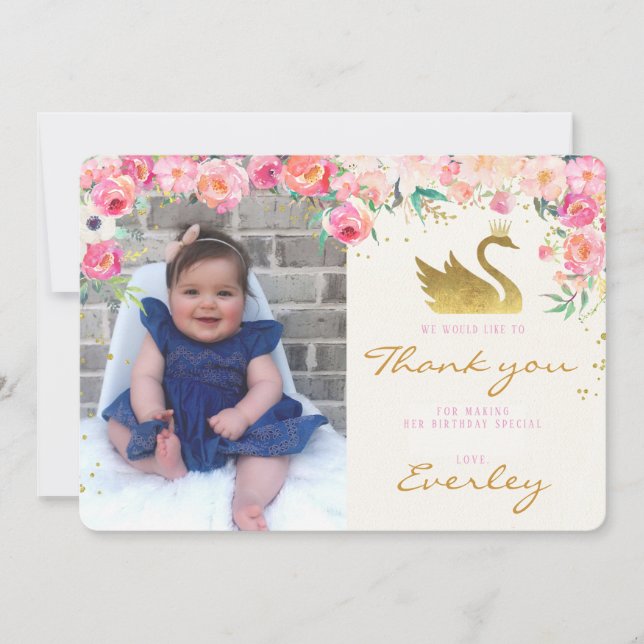 Tarjeta De Agradecimiento Princesa Pink Floral Thank del cisne del oro usted (Anverso)