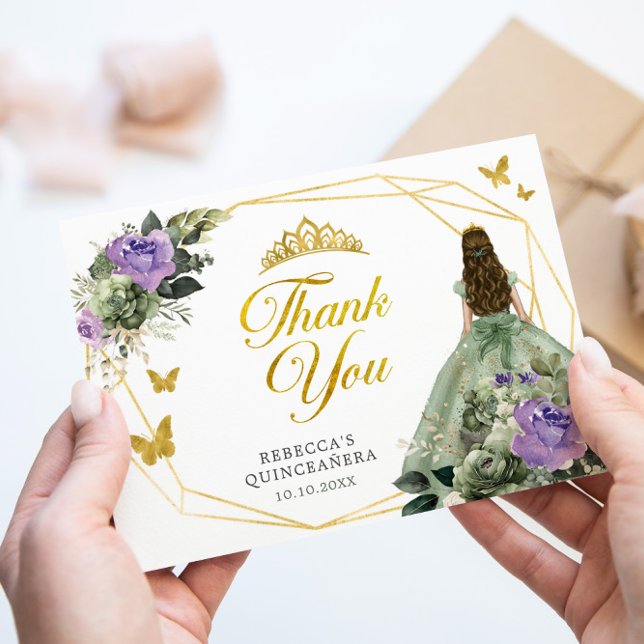 Tarjeta De Agradecimiento Princesa Púrpura Verde Sage Quinceañera (Subido por el creador)