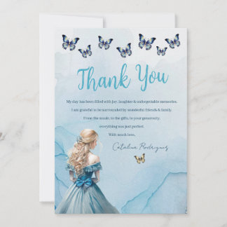 Tarjeta De Agradecimiento Princesa Quinceañera de la mariposa de oro azul