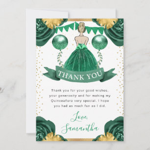 Tarjeta De Agradecimiento Princesa Quinceañera de vestido verde y cabello ru