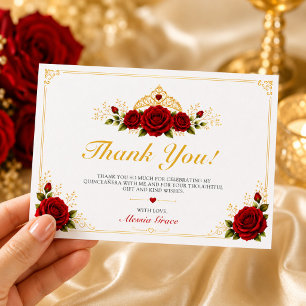 Tarjeta De Agradecimiento Princesa Quinceañera Rosa Roja de Lujo