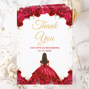 Tarjeta De Agradecimiento Princesa Roja Floral Quinceañera