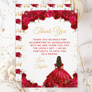 Tarjeta De Agradecimiento Princesa Roja Floral Quinceañera