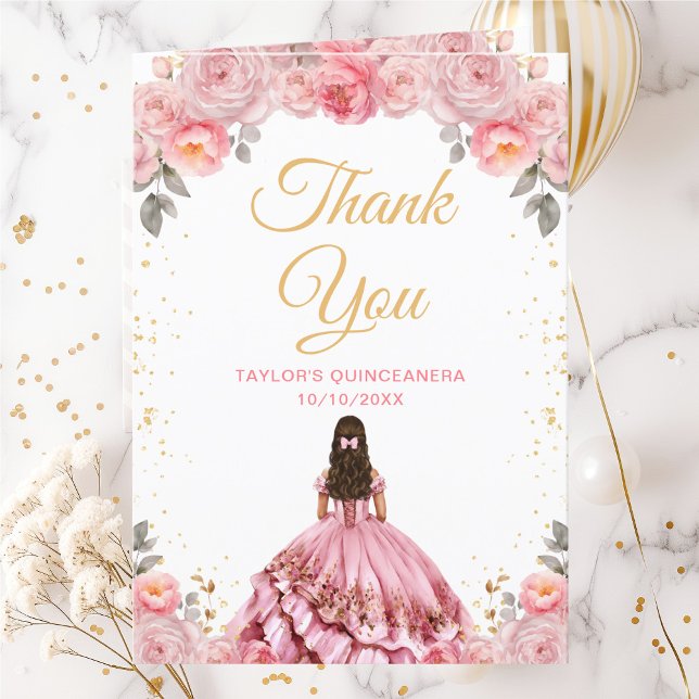 Tarjeta De Agradecimiento Princesa Rosa Rosa Floral Quinceañera (Subido por el creador)