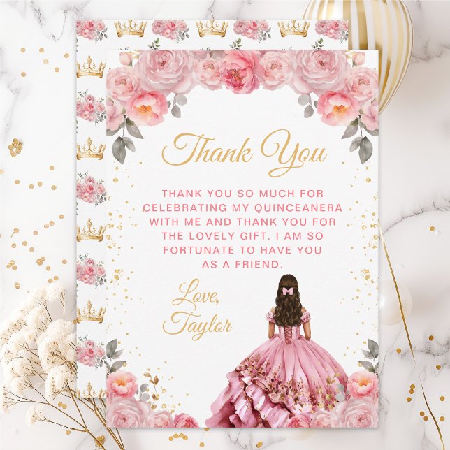 Tarjeta De Agradecimiento Princesa Rosa Rosa Floral Quinceañera (Subido por el creador)