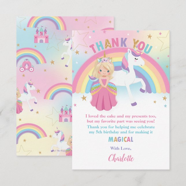 Tarjeta De Agradecimiento Princesa rubia y el arcoiris Unicornio (Anverso / Reverso)