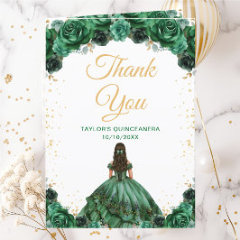 Tarjeta De Agradecimiento Princesa Verde Oscura Floral Quinceañera