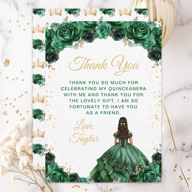 Tarjeta De Agradecimiento Princesa Verde Oscura Floral Quinceañera (Subido por el creador)