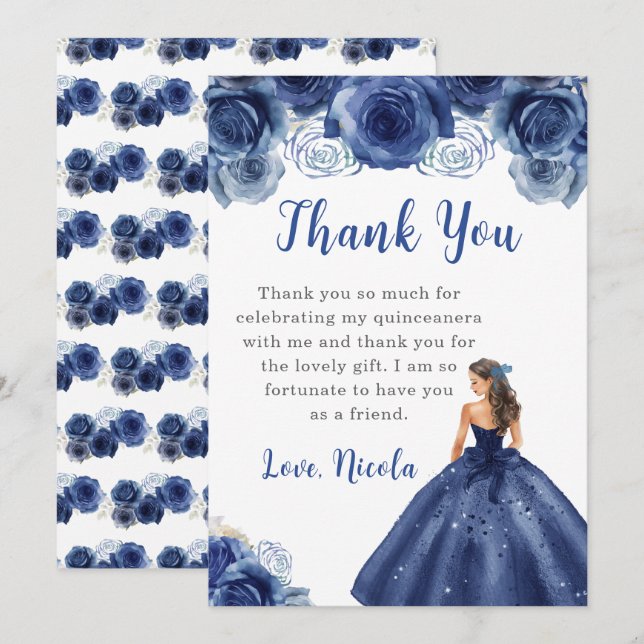 Tarjeta De Agradecimiento Princesa vestida de marina Quinceanera gracias (Anverso / Reverso)