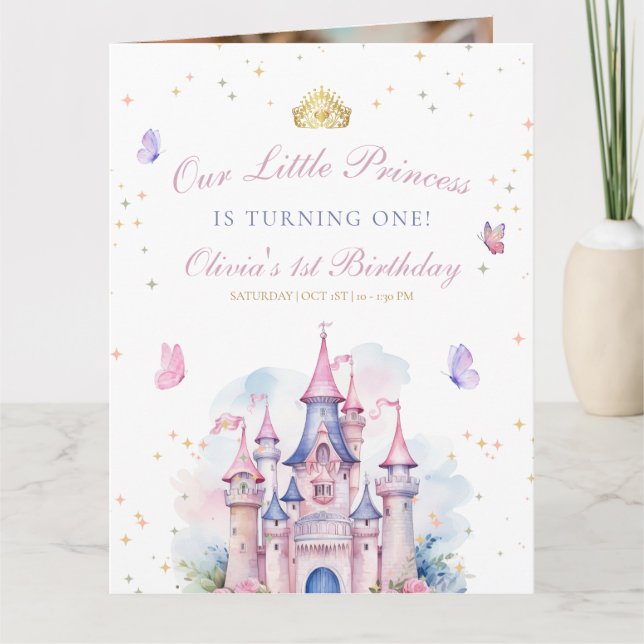 Tarjeta De Agradecimiento Princess 1st BIrthday Invite, Girl Princess Castle (Anverso)
