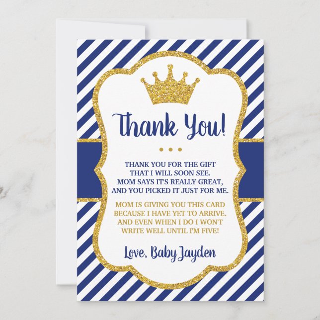 Tarjeta De Agradecimiento Príncipe Baby Shower le agradece cardar el | azul (Anverso)