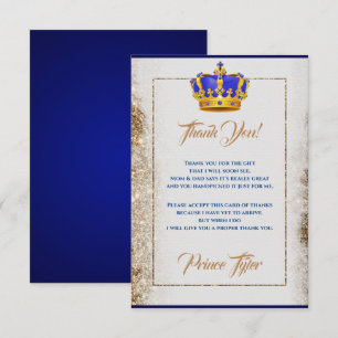 Tarjeta De Agradecimiento Príncipe de la Corona de Oro y Azul Real Baby Show
