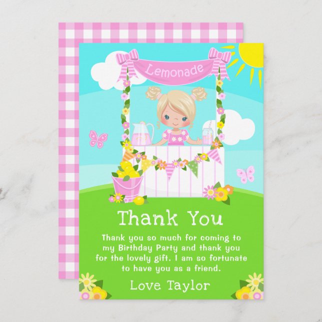 Tarjeta De Agradecimiento Puesto de Limonada Rosa Cumpleaños Niña Rubio (Anverso / Reverso)