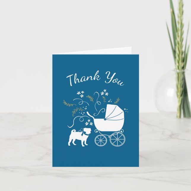 Tarjeta De Agradecimiento Pug Dog Baby Shower Boy Blue con Bow (Anverso)