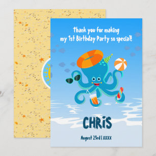Tarjeta De Agradecimiento Pulpito Azul Bajo el Mar Cumpleaños de Niño Fiesta
