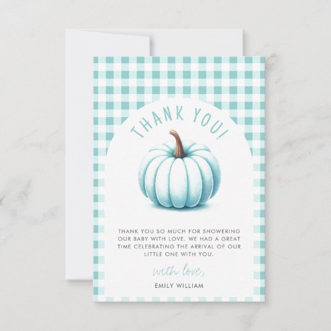 Tarjeta De Agradecimiento Pumpkin Blue Gingham Plaid Boy Baby Shower (Anverso)