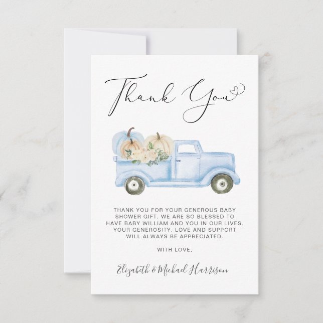 Tarjeta De Agradecimiento Pumpkin Blue Truck Baby Boy Shower Thank You Card (Anverso)