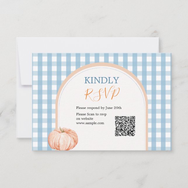Tarjeta De Agradecimiento Pumpkin Boho Blue Gingham Primer Cumpleaños Rsvp (Anverso)