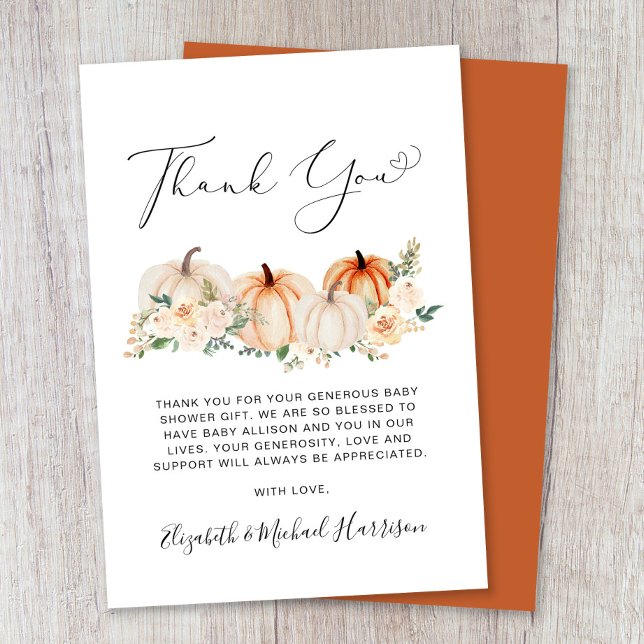 Tarjeta De Agradecimiento Pumpkin Floral Watercolor Baby Shower (Subido por el creador)
