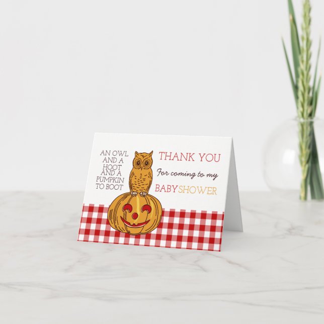 Tarjeta De Agradecimiento Pumpkin Owl & Gingham Baby Shower Gracias (Anverso)