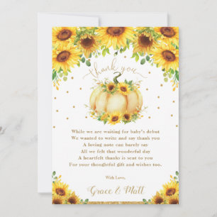Tarjeta De Agradecimiento Pumpkin Sunflower Floral Gold Purpurina Baby Showe
