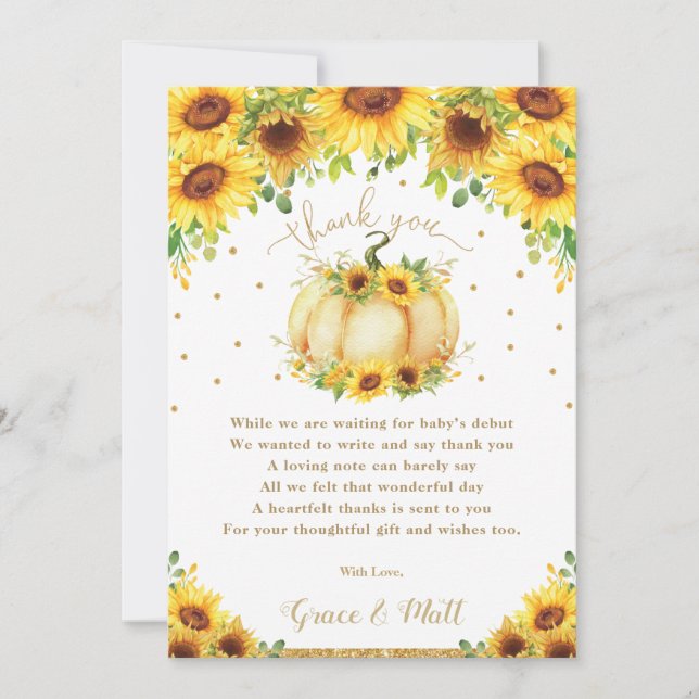 Tarjeta De Agradecimiento Pumpkin Sunflower Floral Gold Purpurina Baby Showe (Anverso)