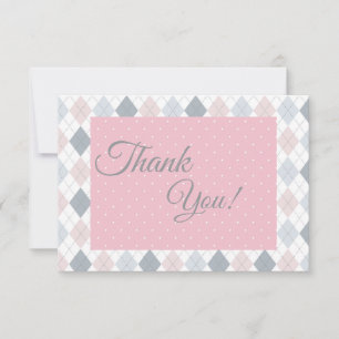 Tarjeta De Agradecimiento Puntos de cuadros de argyle grises rosados - Baby