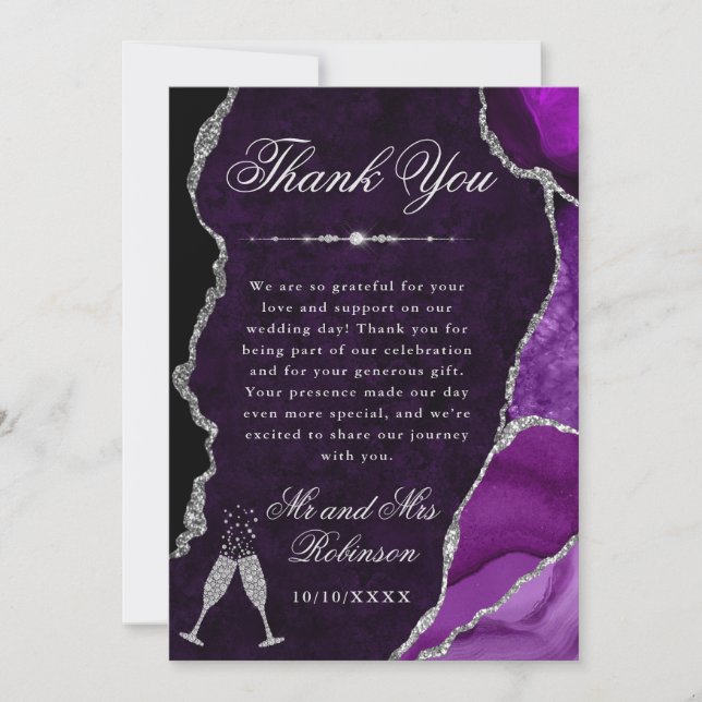 Tarjeta De Agradecimiento Purple and Silver Glitter Agate & Marble Wedding (Anverso)