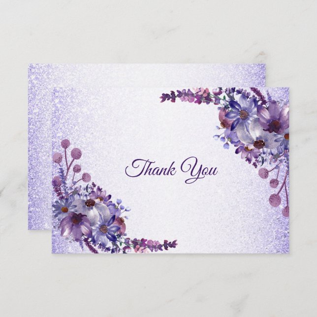 Tarjeta De Agradecimiento Purple Blue Pink Floral Glitter Elegant Wedding (Anverso / Reverso)