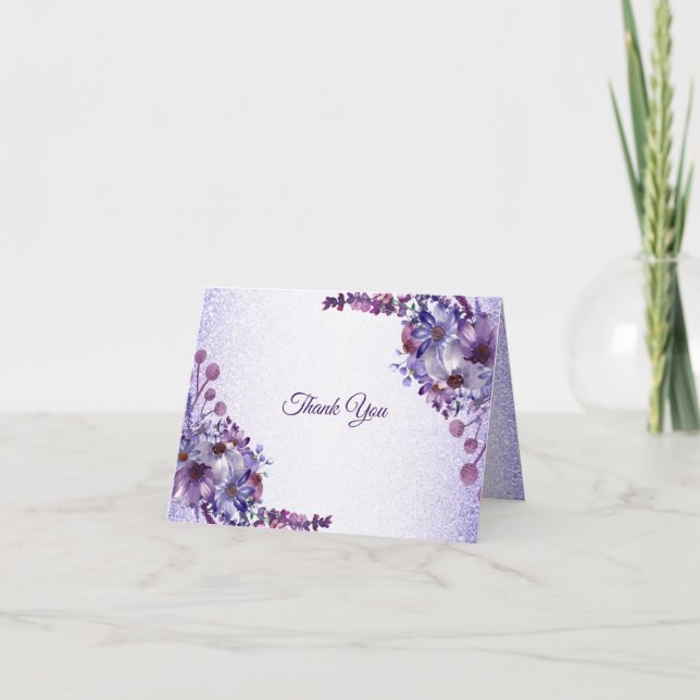 Tarjeta De Agradecimiento Purple Blue Pink Floral Glitter Elegant Wedding (Anverso)