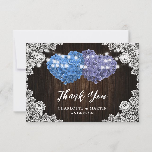 Tarjeta De Agradecimiento Purple Blue Rustic Wood Lace Floral Wedding (Anverso)