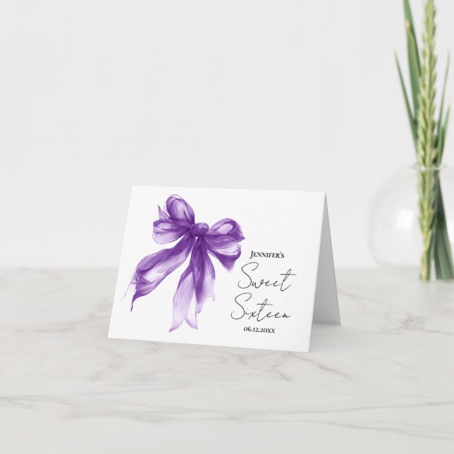 Tarjeta De Agradecimiento Purple Bow Coquette Script Sweet 16 Thank You  (Anverso)