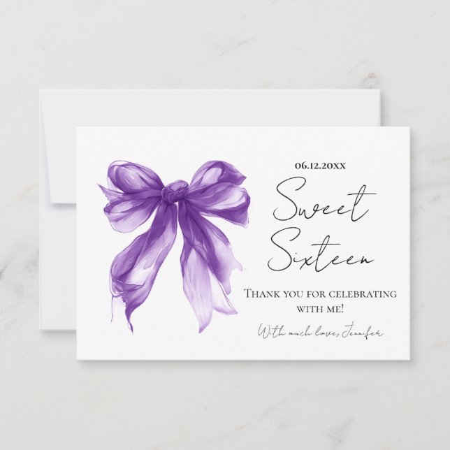 Tarjeta De Agradecimiento Purple Bow Coquette Script Sweet 16 Thank You  (Anverso)