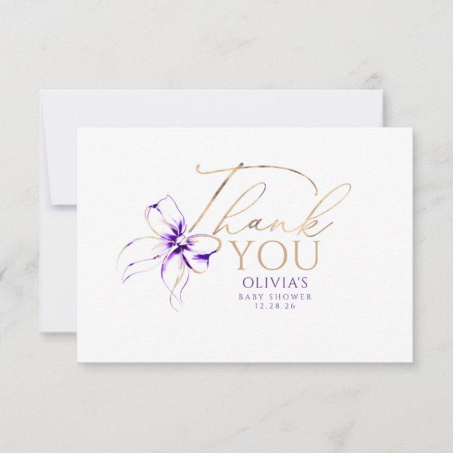 Tarjeta De Agradecimiento Purple Bow Elegant Calligraphy Thank You (Anverso)